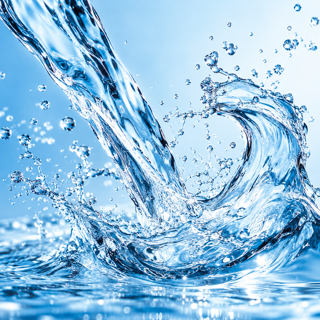 Clear running water curling into a splash with droplets in motion